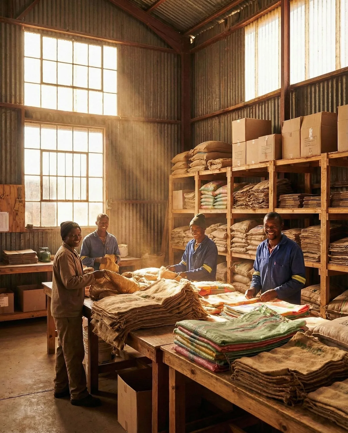 The Meadow Bags team in the warehouse in Howick, KwaZulu-Natal, surrounded by agricultural bag stock